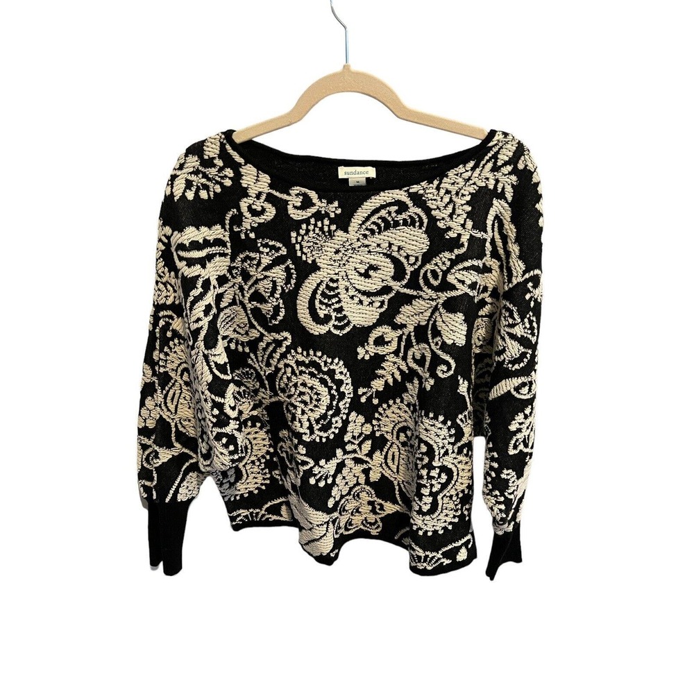 SUNDANCE Womens Sweater Black White Floral Textured Dolman Sleeve Sz M